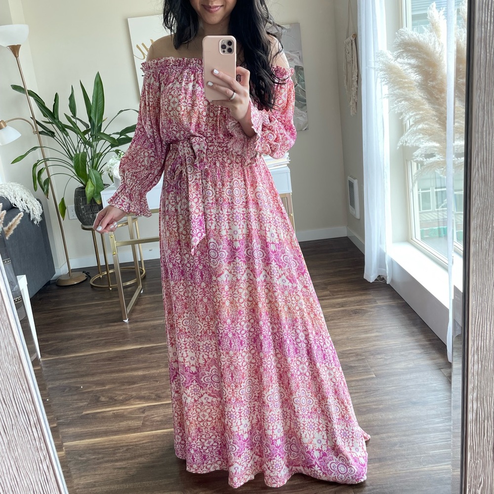 DYNAMIC LOVE PINK PRINTED OFF THE SHOULDER MAXI DRESS